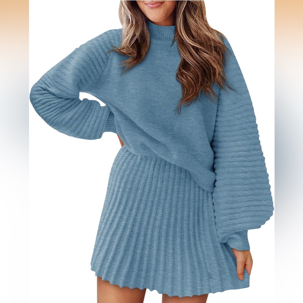 Elegant Blue Ribbed Knit Set